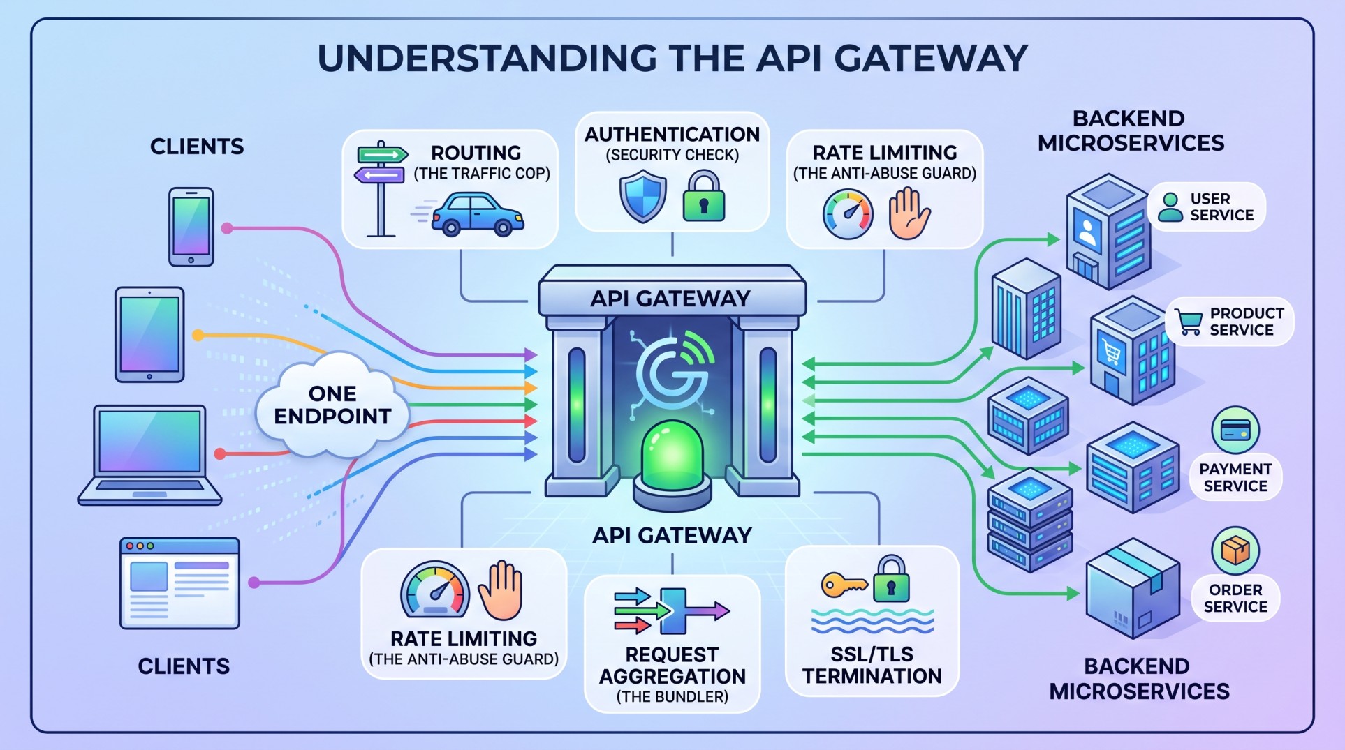 Understanding the API Gateway: One Single Endpoint routing, authenticating, and aggregating requests for backend microservices