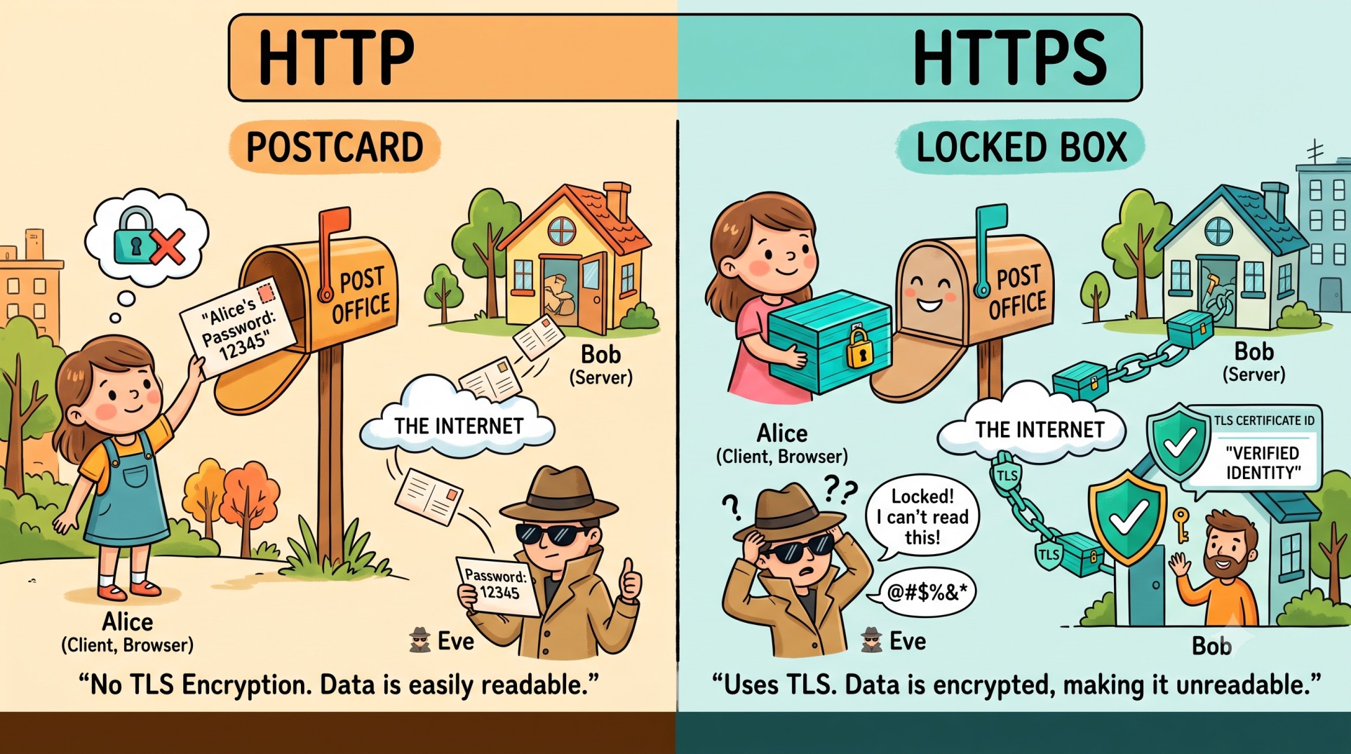 Alice sends a postcard over HTTP and a locked box over HTTPS, while Eve tries to peek